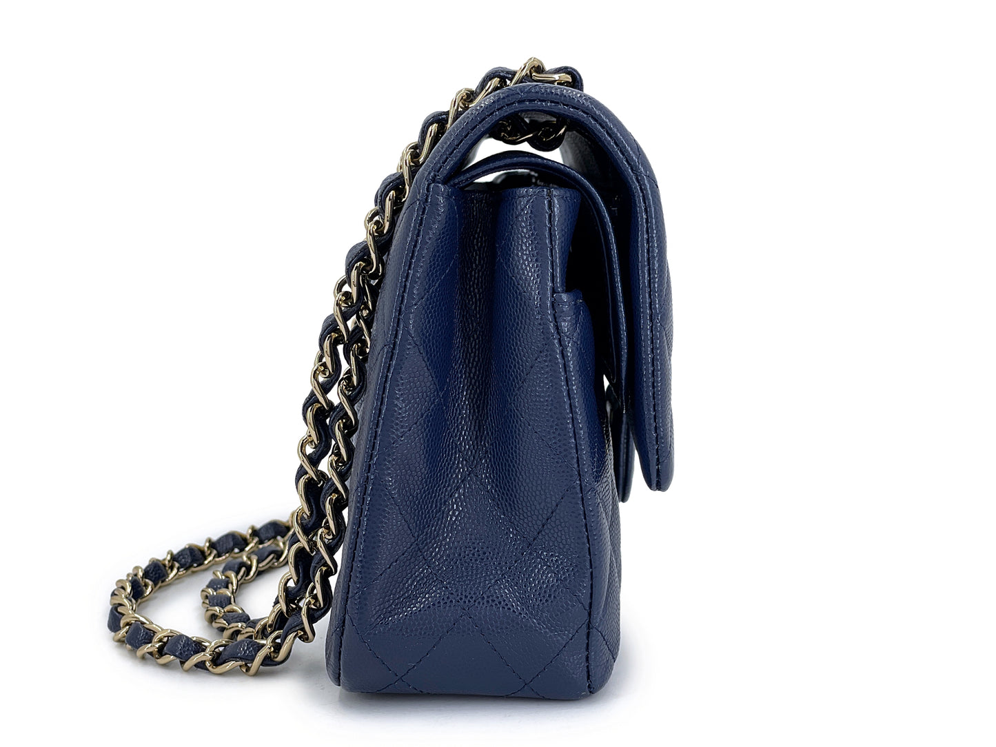 Navy Blue Quilted Caviar Medium Classic Double Flap Bag Gold Hardware 01