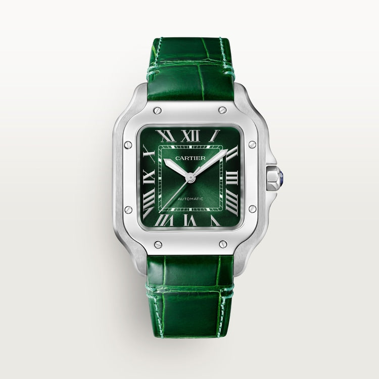 Santos de Cartier Medium 35.1mm Steel Blue Crown Green Dial Steel Bracelet Self-Winding Watch