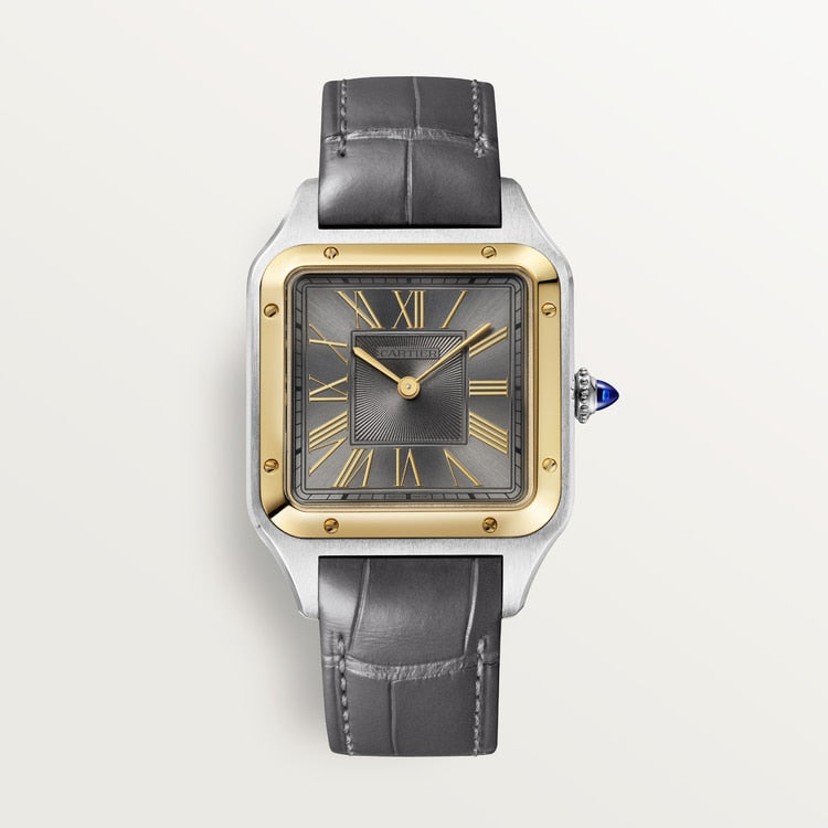 Santos-Dumont Large 43.5mm x 31.4mm Steel Yellow Gold Bezel Gray Dial Alligator Strap Quartz Watch