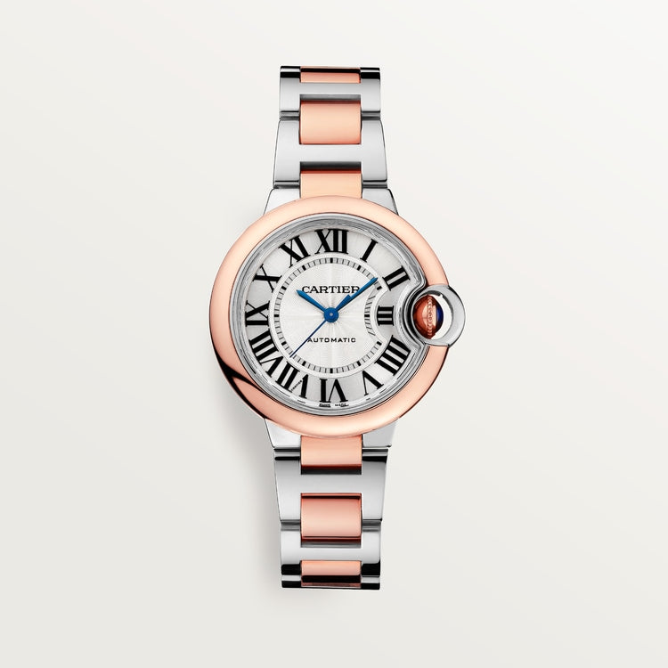 Ballon Bleu 33mm Steel Rose Gold Automatic Silver Guilloché Dial Two-Tone Bracelet Watch