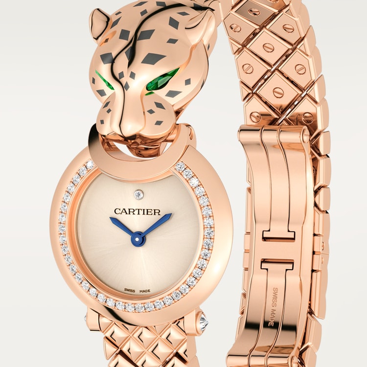 Panthère Small 23.6mm Rose Gold Diamond Bezel Tsavorite Eyes Golden Dial Rose Gold Bracelet Quartz Watch