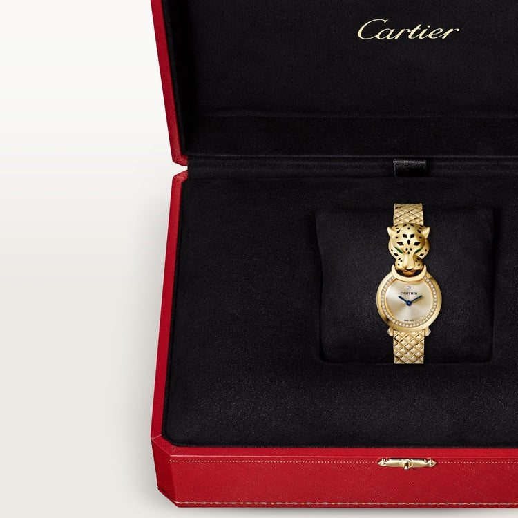 Panthère de Cartier Small 23.6mm Yellow Gold Diamond Bezel Tsavorite Eyes Golden Dial Yellow Gold Bracelet Quartz Watch