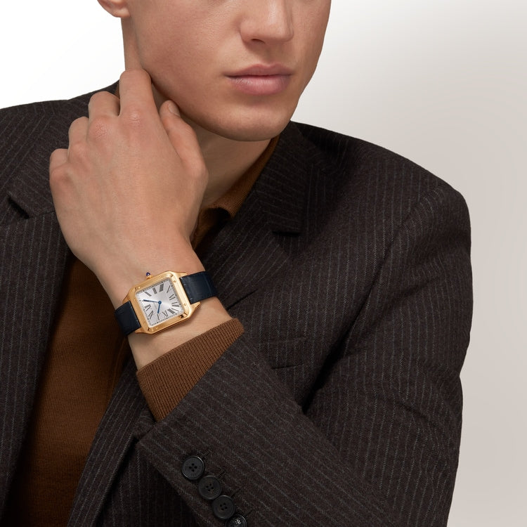 Santos-Dumont Extra-Large 46.6mm x 33.9mm Yellow Gold Silver Satin-Finish Dial Blue Alligator Strap Self-Winding Watch