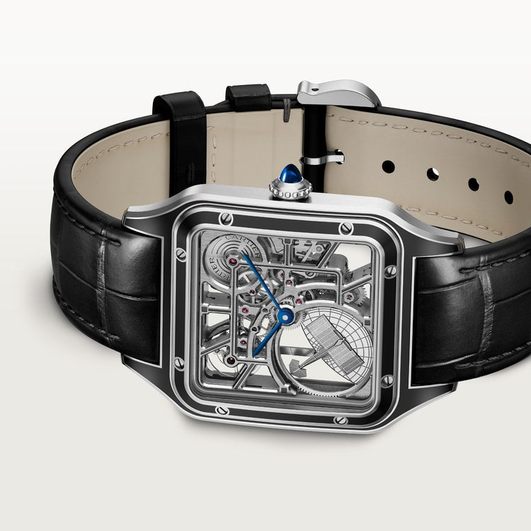 Santos-Dumont Skeleton 43.5mm x 31.4mm Steel Black Lacquer Gray Alligator Strap Self-Winding Watch