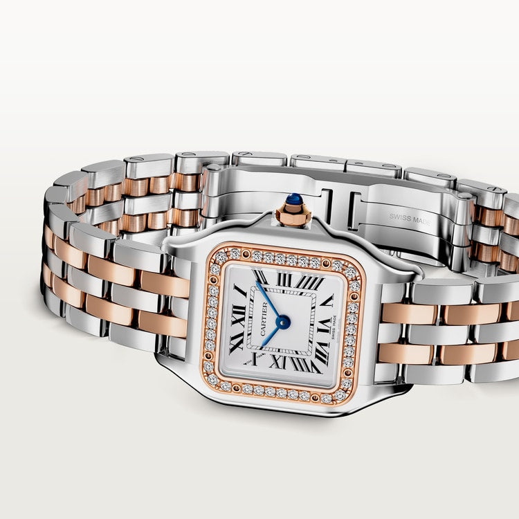 Panthère de Cartier Small 22mm x 30mm Rose Gold Steel Diamond Bezel Blue Crown Silver Dial Rose Gold Steel Bracelet Quartz Watch