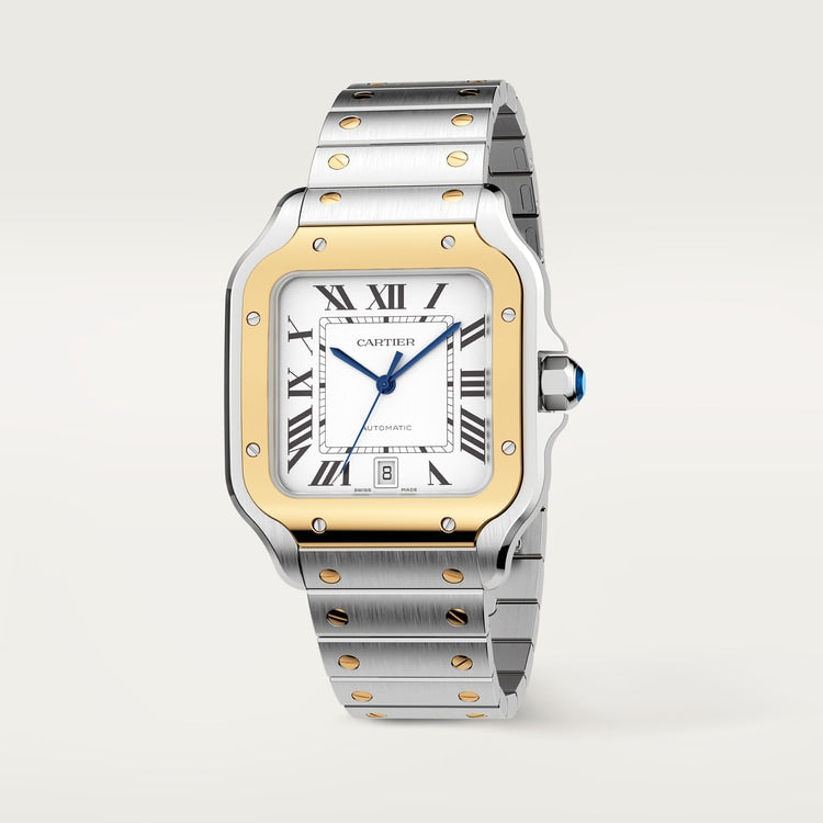 Santos de Cartier Large 39.8mm Steel Yellow Gold Bezel Silvered Opaline Dial Steel Bracelet Self-Winding Watch