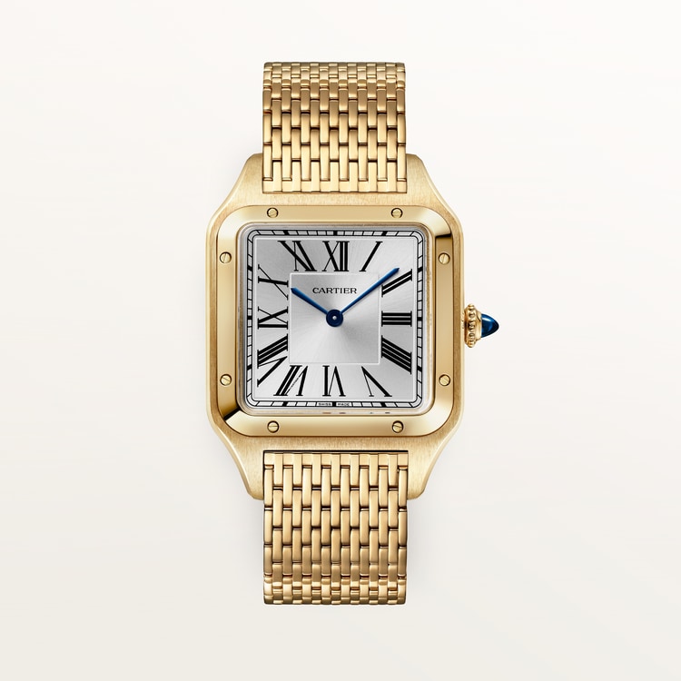 Santos-Dumont Large 43.5mm x 31.4mm Yellow Gold Silvered Satin-Finish Dial Alligator Strap Manual-Winding Watch