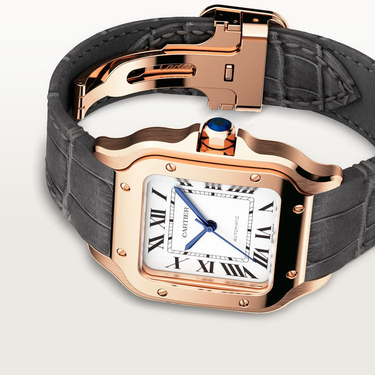 Santos de Cartier Medium 35.1mm Rose Gold Blue Crown Opaline Silver Dial Alligator Leather Strap Automatic Watch