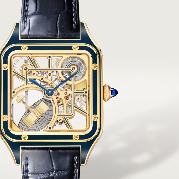 Santos-Dumont Skeleton Large 31mm Yellow Gold Blue Crown Skeleton Dial Blue Alligator Strap Self-Winding Watch