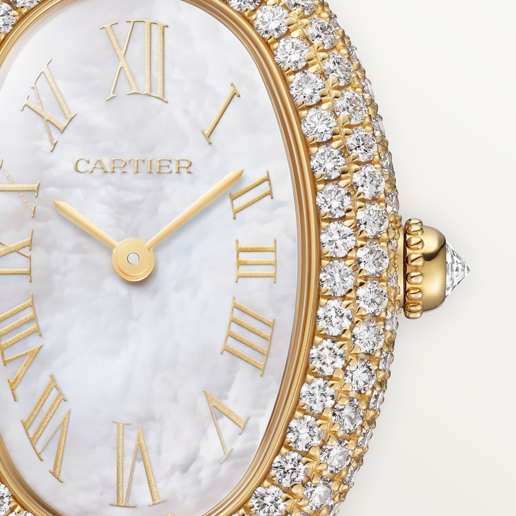 Baignoire Small 31.4mm x 23.1mm Yellow Gold Diamond Case Diamond Crown Mother-of-Pearl Dial Beige Alligator Strap Quartz Watch