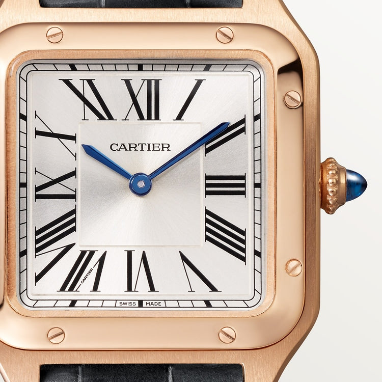 Santos-Dumont Small 38mm x 27.5mm Rose Gold Blue Crown Silver Sunray Dial Gray Alligator Leather Strap Quartz Watch