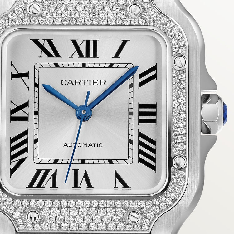 Santos de Cartier Medium 35.1mm Steel Blue Crown Sunray Dial Steel Bracelet Automatic Watch