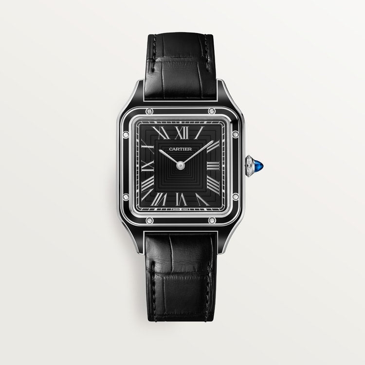Santos-Dumont Large 43.5mm x 31.4mm Steel Black Lacquer Black Dial Black Alligator Strap Manual-Winding Watch