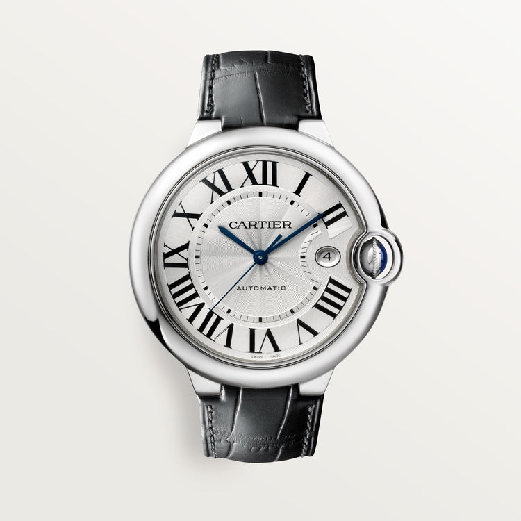 Ballon Bleu 42mm Steel Automatic Silver Guilloché Dial Alligator Strap Watch