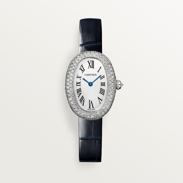 Baignoire Small 32mm x 26mm White Gold Diamond Case Diamond Crown Silvered Dial Navy Blue Alligator Strap Quartz Watch
