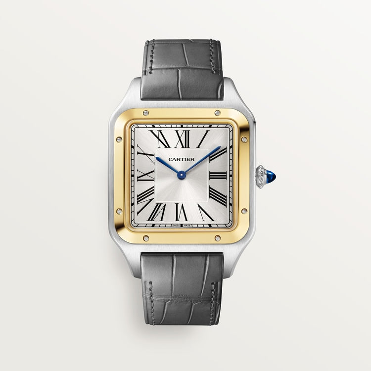 Santos-Dumont Extra-Large 46.6mm x 33.9mm Steel Yellow Gold Silvered Satin-Finish Dial Anthracite Gray Alligator Strap Self-Winding Watch