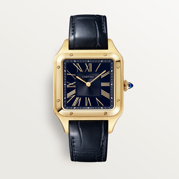 Santos-Dumont Large 43.5mm x 31.4mm Yellow Gold Blue Satin-Brushed Dial Alligator Strap Quartz Watch