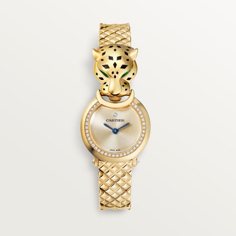 Panthère de Cartier Small 23.6mm Yellow Gold Diamond Bezel Tsavorite Eyes Golden Dial Yellow Gold Bracelet Quartz Watch