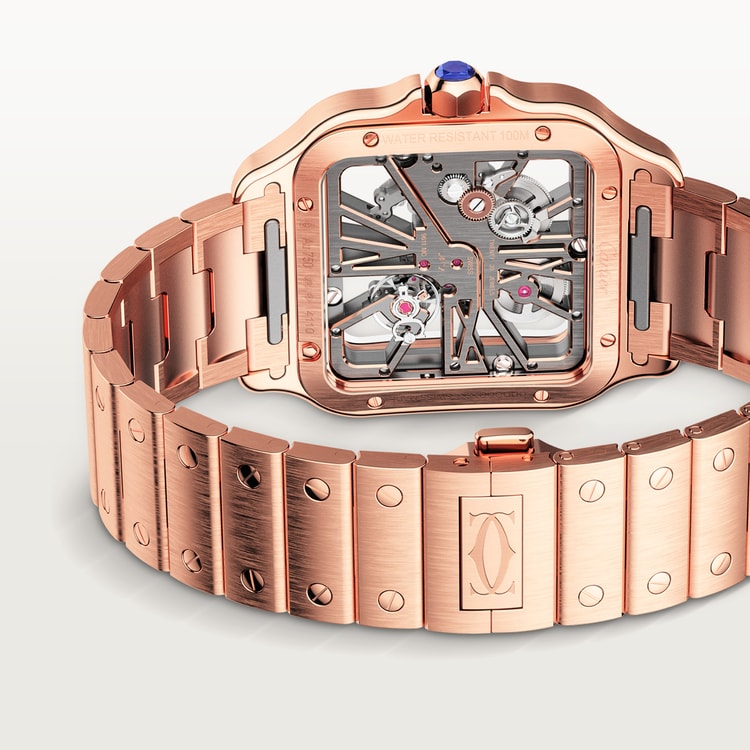 Santos de Cartier Large 39.7mm Rose Gold Blue Crown Skeleton Dial Rose Gold Bracelet Manual-Winding Watch