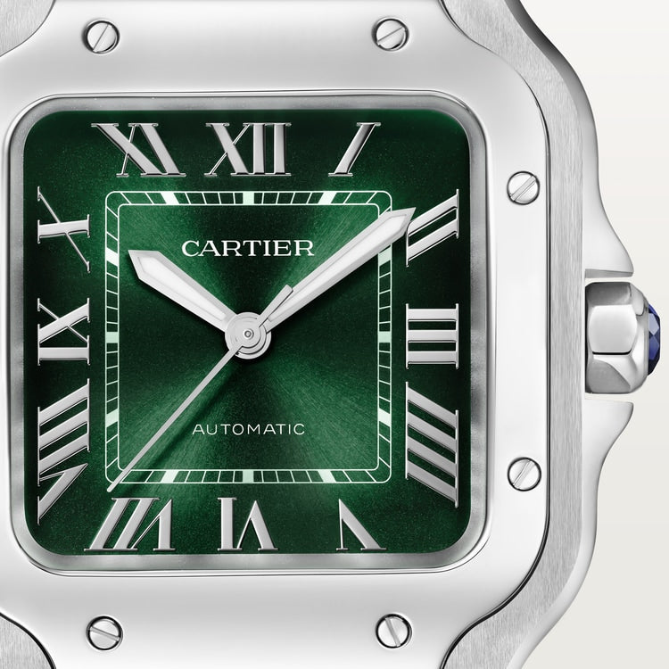 Santos de Cartier Medium 35.1mm Steel Blue Crown Green Dial Steel Bracelet Self-Winding Watch