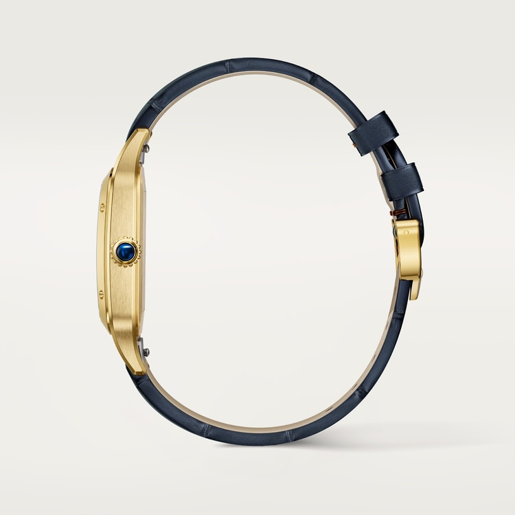 Santos-Dumont Extra-Large 46.6mm x 33.9mm Yellow Gold Silver Satin-Finish Dial Blue Alligator Strap Self-Winding Watch