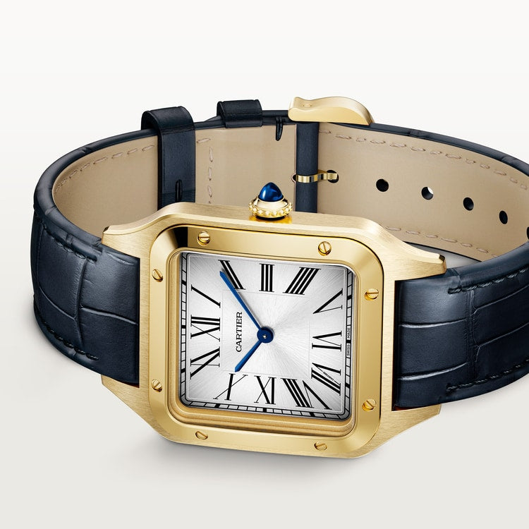 Santos-Dumont Extra-Large 46.6mm x 33.9mm Yellow Gold Silver Satin-Finish Dial Blue Alligator Strap Self-Winding Watch