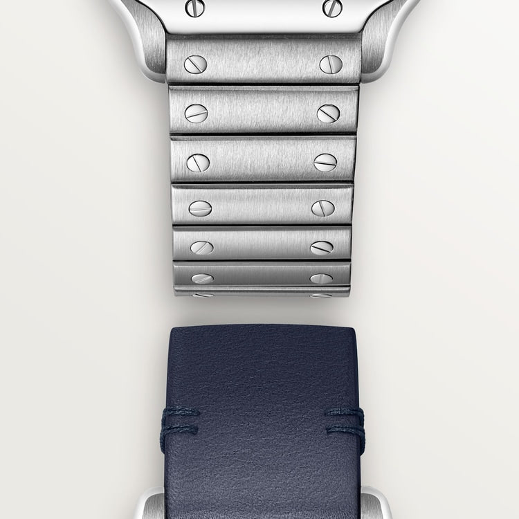 Santos de Cartier Small 34.5mm x 27mm Steel Blue Crown Silver Sunray Dial Steel Bracelet Quartz Watch