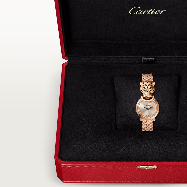 Panthère Small 23.6mm Rose Gold Diamond Bezel Tsavorite Eyes Golden Dial Rose Gold Bracelet Quartz Watch