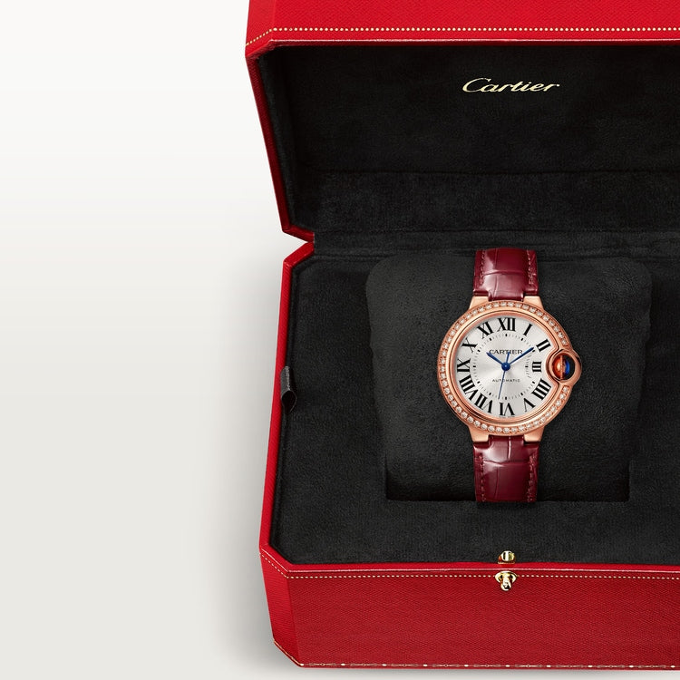 Ballon Bleu 33mm Rose Gold Diamond Case Silvered Sunray Dial Burgundy Alligator Strap Automatic Watch