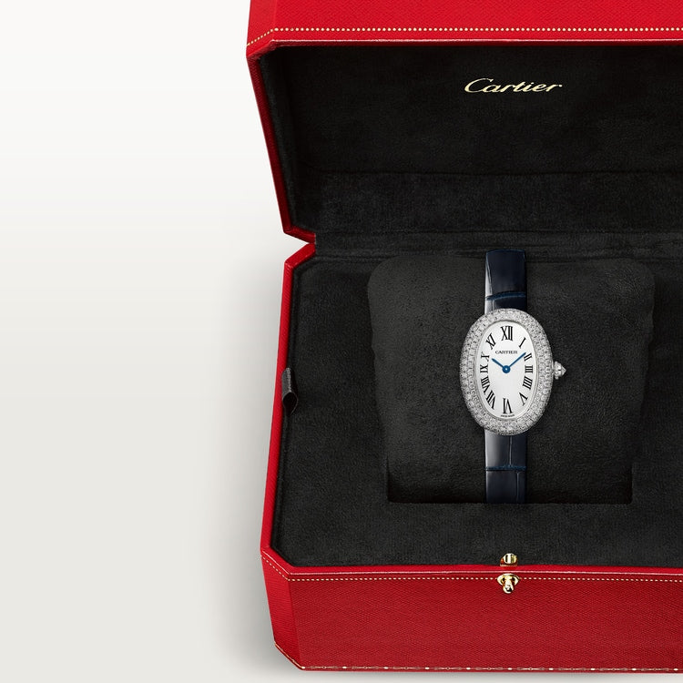 Baignoire Small 32mm x 26mm White Gold Diamond Case Diamond Crown Silvered Dial Navy Blue Alligator Strap Quartz Watch