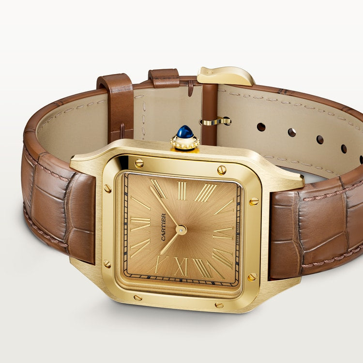 Santos-Dumont Extra-Large 46.6mm x 33.9mm Yellow Gold Wood-Inspired Golden Dial Brown Alligator Strap Self-Winding Watch