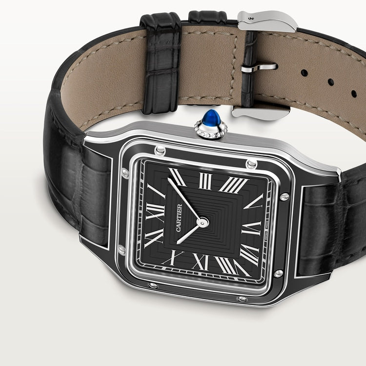 Santos-Dumont Large 43.5mm x 31.4mm Steel Black Lacquer Black Dial Black Alligator Strap Manual-Winding Watch