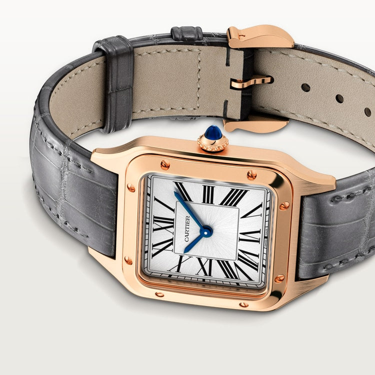 Santos-Dumont Large 43.5mm x 31.4mm Rose Gold Silver Satin-Finish Dial Gray Alligator Strap Quartz Watch
