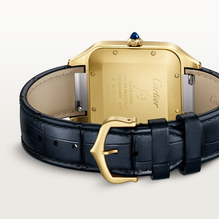Santos-Dumont Extra-Large 46.6mm x 33.9mm Yellow Gold Silver Satin-Finish Dial Blue Alligator Strap Self-Winding Watch