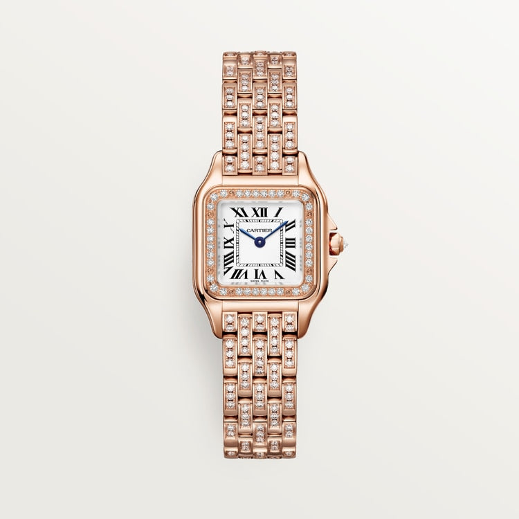 Panthère de Cartier Small 30.3mm x 22mm Rose Gold Diamond Bezel Diamond Crown Silvered Dial Rose Gold Diamond Bracelet Quartz Watch
