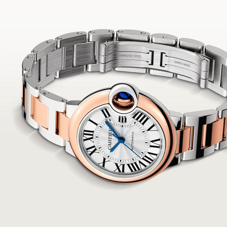 Ballon Bleu 33mm Steel Rose Gold Automatic Silver Guilloché Dial Two-Tone Bracelet Watch