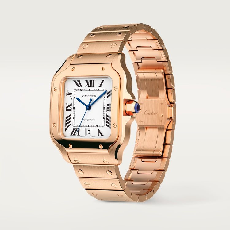 Santos Large 39.8mm Rose Gold Blue Crown Silvered Opaline Dial Rose Gold Bracelet Self-Winding Watch