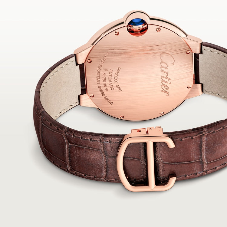 Ballon Bleu 42mm Rose Gold Automatic Silver Guilloché Dial Alligator Strap Watch