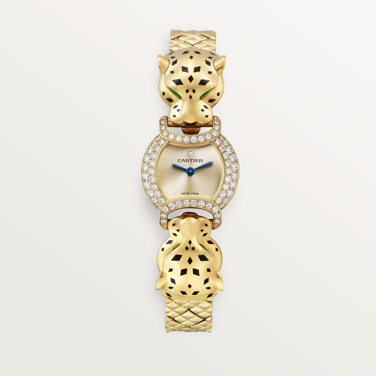Panthère de Cartier Small 22.2mm Yellow Gold Diamond Bezel Tsavorite Eyes Golden Dial Yellow Gold Bracelet Quartz Watch
