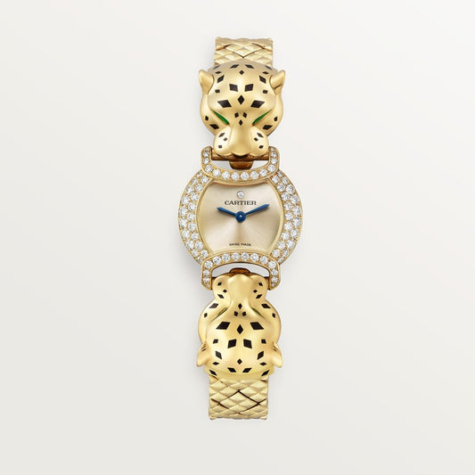 ساعة Panthère de Cartier صغيرة مقاس 22.2 مم، مصنوعة من الذهب الأصفر، إطار مرصع بالألماس، عيون من التسافوريت، ميناء ذهبي، سوار من الذهب الأصفر، حركة كوارتز