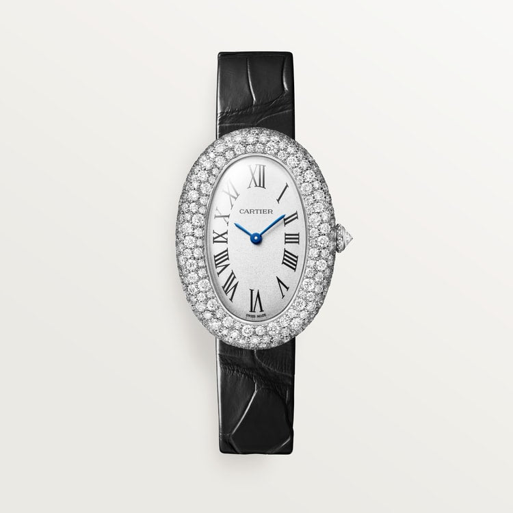 Baignoire Medium 36mm x 26mm White Gold Diamond Case Diamond Crown Silvered Dial Navy Blue Alligator Strap Quartz Watch