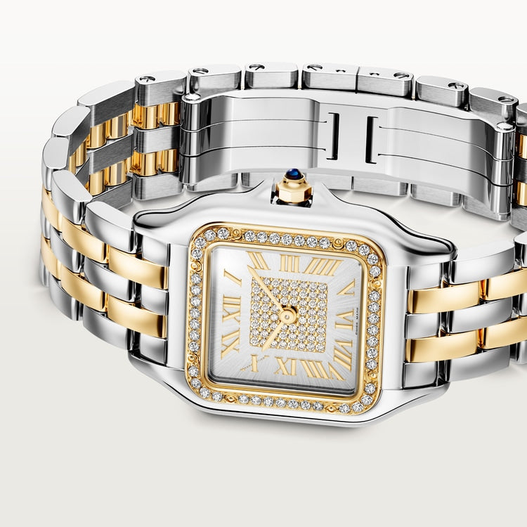 Panthère de Cartier Medium 36.5mm x 26.7mm Yellow Gold Steel Diamond Bezel Blue Crown Silvered Dial Yellow Gold Steel Bracelet Quartz Watch