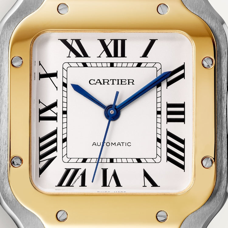 Santos de Cartier Medium 35.1mm Steel Yellow Gold Blue Crown Silvered Opaline Dial Steel Bracelet Automatic Watch