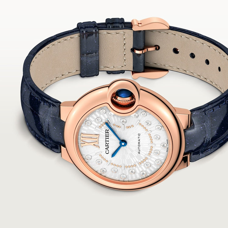 Ballon Bleu 33mm Rose Gold Diamond Dial Blue Alligator Strap Automatic Watch