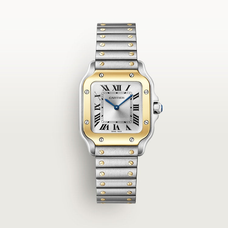 Santos de Cartier Small 34.5mm x 27mm Steel Gold Blue Crown Silver Sunray Dial Steel Bracelet Quartz Watch