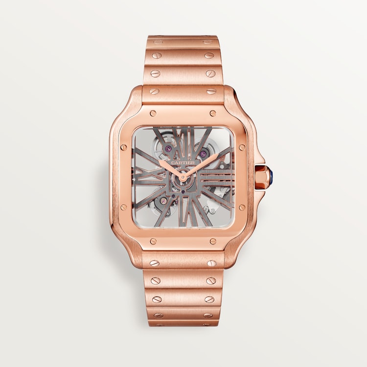 Santos de Cartier Large 39.7mm Rose Gold Blue Crown Skeleton Dial Rose Gold Bracelet Manual-Winding Watch