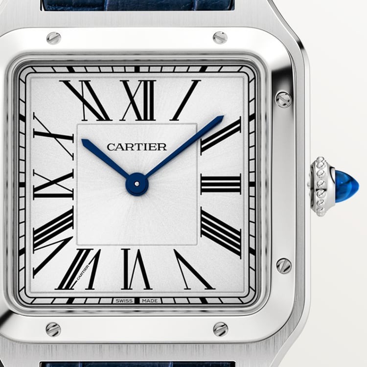Santos-Dumont Large 43.5mm x 31.4mm Steel Blue Crown Silver Sunray Dial Navy Blue Alligator Leather Strap Quartz Watch
