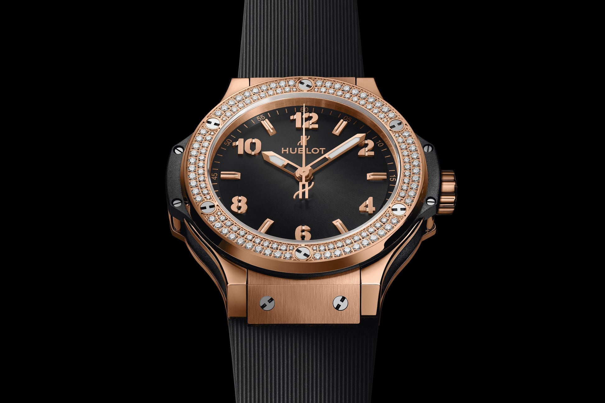 Big Bang Original 38 mm 18K 5N Gold Diamond Black Dial Rubber Strap Watch