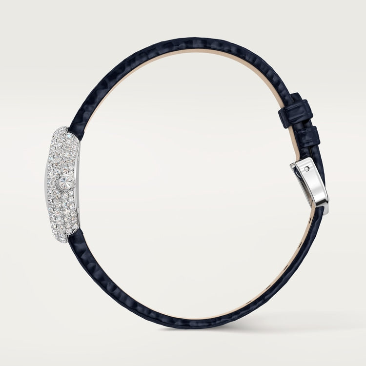 Baignoire Mini 24.6mm x 18.7mm White Gold Diamond Case Diamond Crown Silvered Dial Navy Blue Patent Leather Strap Quartz Watch