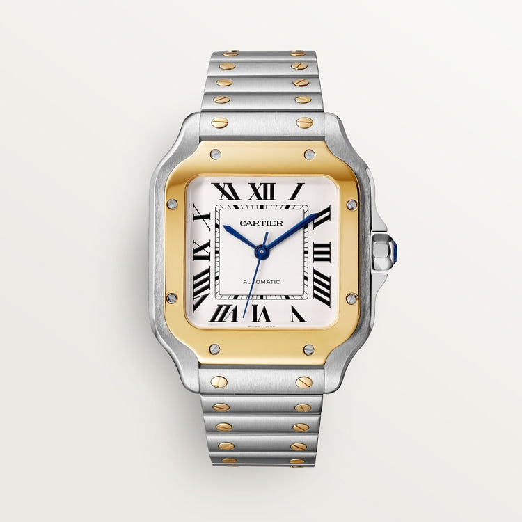 Santos de Cartier Medium 35.1mm Steel Yellow Gold Blue Crown Silvered Opaline Dial Steel Bracelet Automatic Watch